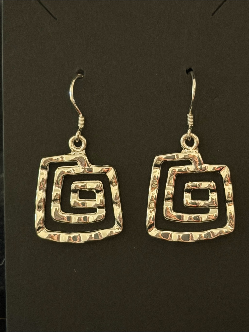 925 Hammered Silver Spiral Square Drop Earrings